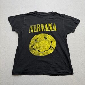 Nirvana T-Shirt Mens Medium Black Smiley Face Logo Short Sleeve Grunge Rock Band
